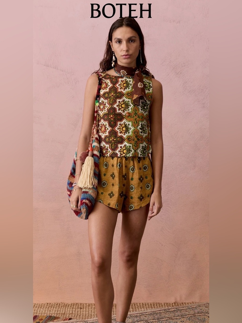 Boteh Alhambra Top in Ochre featuring a retro tile patchwork print US Sz 8